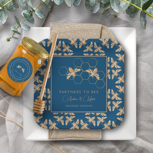 Indigo & Honeycomb Golden Bee Wedding Shower Paper Plate (Creator Uploaded)