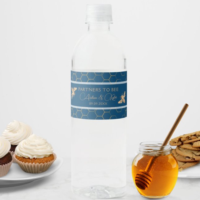 Indigo & Honeycomb Golden Bee Wedding Shower Water Bottle Label (Creator Uploaded)