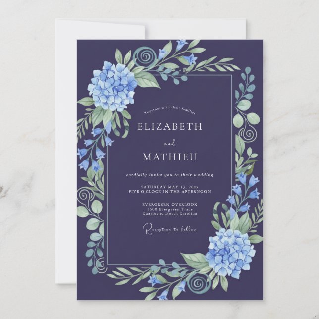 Indigo Hydrangea Leafy Wedding Invitation (Front)