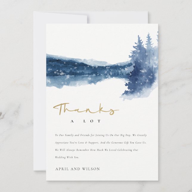 INDIGO INK BLUE MOUNTAIN LAKE PINE SNOW WEDDING THANK YOU CARD (Front)