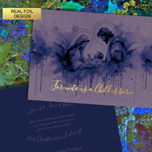 Indigo Ink on Lavender Holy Family Foil Holiday Card