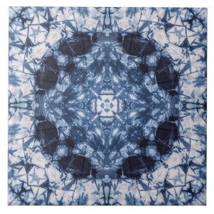 Indigo Kaleidoscope Shibori Tie-Dye pattern Ceramic Tile