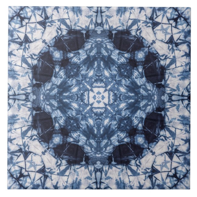 Indigo Kaleidoscope Shibori Tie-Dye pattern  Ceramic Tile (Front)