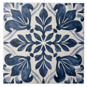 Indigo Leafy Folk Floral Ceramic Tile