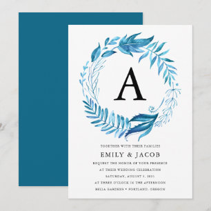 Indigo Leaves   Monogram Wedding Invitation