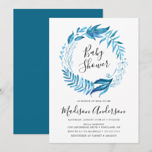 Indigo Leaves Wreath Baby Shower Invitation