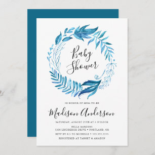 Indigo Leaves Wreath Baby Shower Invitation