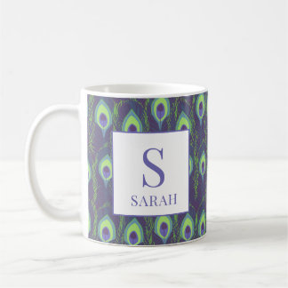 Indigo Lime Green Peacock Custom Initial Mug