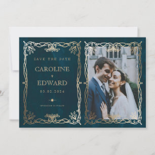 Indigo  Mediaeval Gold Ivy Photo QR code Save The Date
