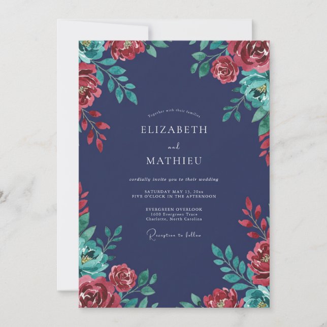 Indigo Merlot Bloom Wedding Invitation (Front)