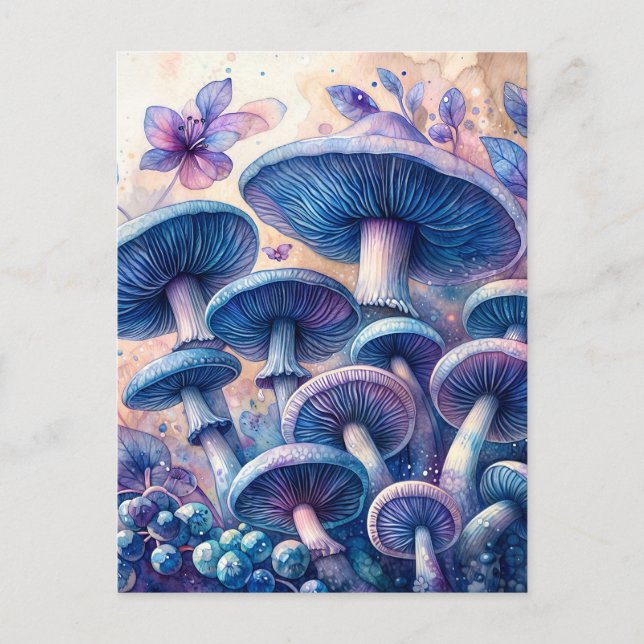 Indigo Milk Cap Mushroom Watercolor Art  Postcard (Front)