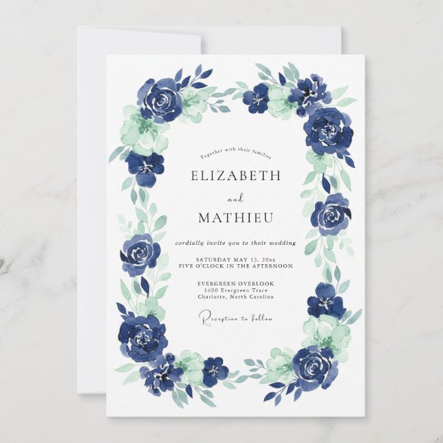 Indigo Mint Peony Wedding Invitation (Front)