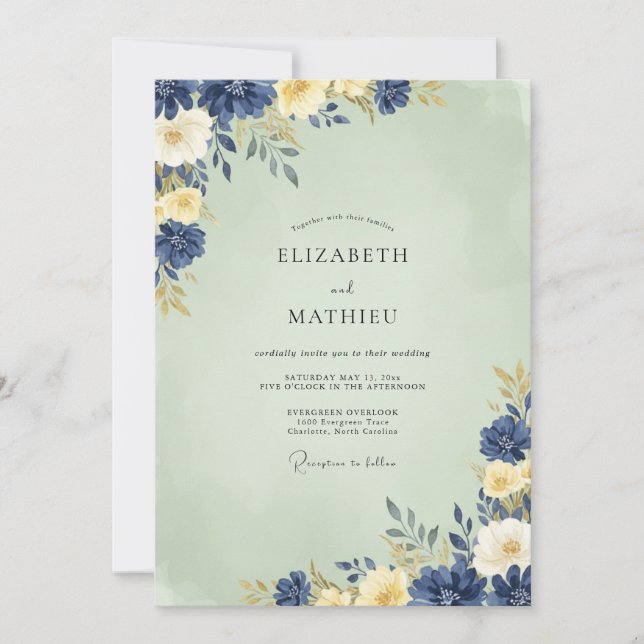 Indigo Mint Ranunculus Eucalyptus Wedding Invitation (Front)