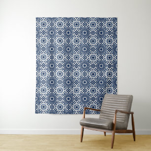 Indigo Moroccan Geometric Star Mosaic Pattern Tapestry