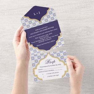 Indigo Moroccan Tile Wedding All In One Invitation