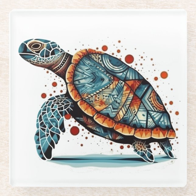Indigo Mosaic Sea Turtle  Glass Coaster (Front)