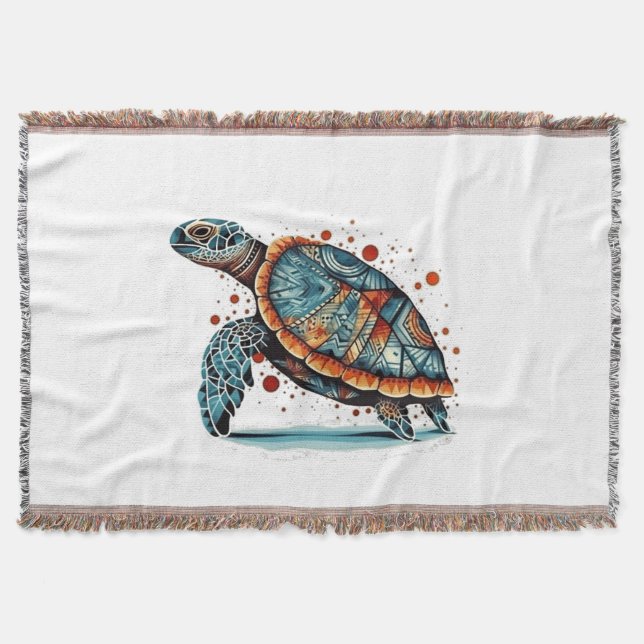 Indigo Mosaic Sea Turtle  Throw Blanket (Front)