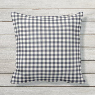 Indigo / Navy Blue Gingham Pattern Outdoor Pillows