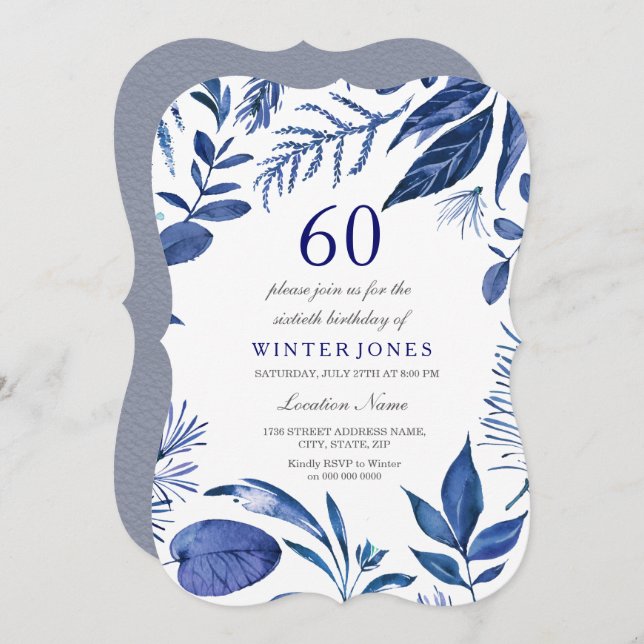 Indigo Navy Blue Leaf Floral 60th Birthday Invite (Front/Back)