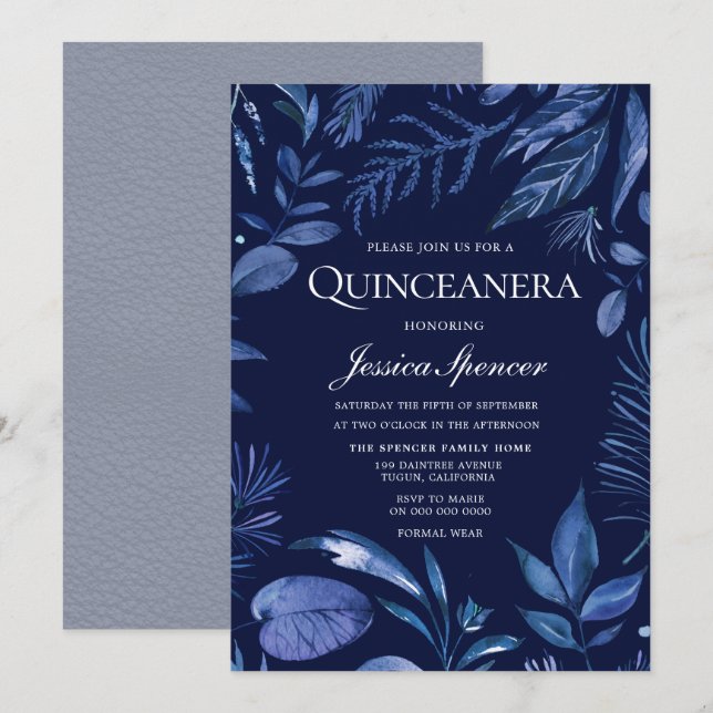 Indigo & Navy Blue Leaf Floral Quinceanera Invite (Front/Back)