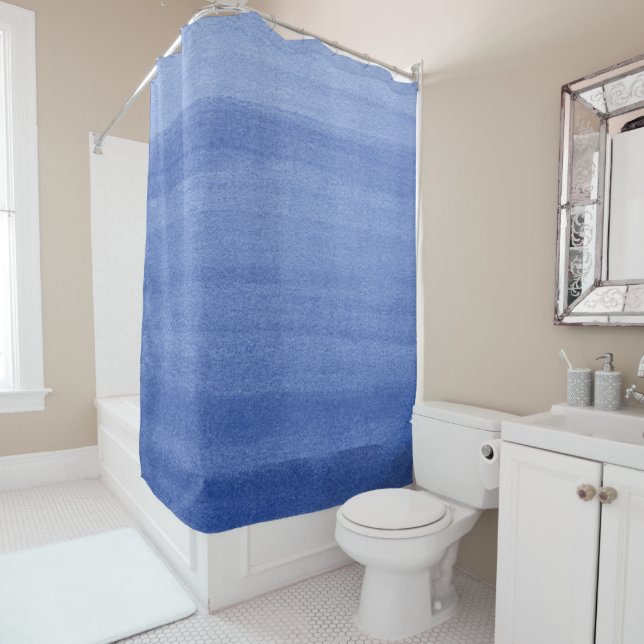 Indigo Navy Blue Ombre Watercolor Pattern Shower Curtain (In Situ)