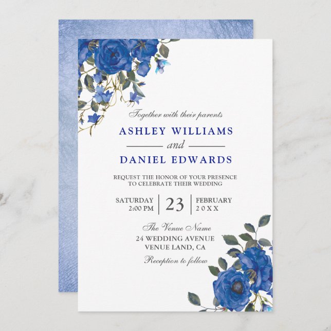 Indigo Navy Midnight Blue Floral Wedding Invitation (Front/Back)