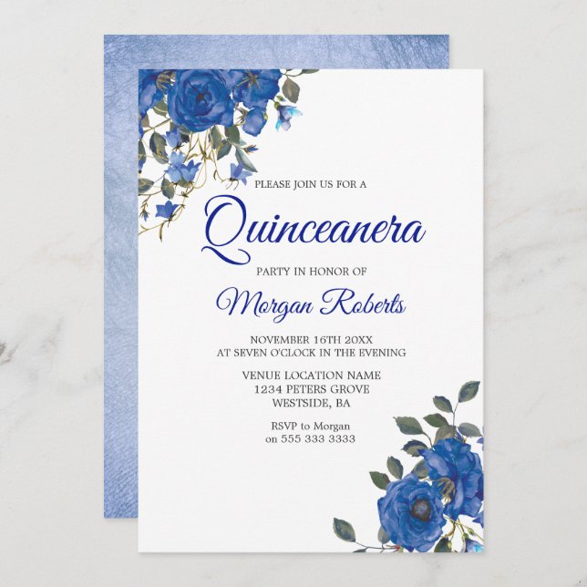 Indigo Navy Midnight Blue Flowers Quinceanera Invitation (Front/Back)
