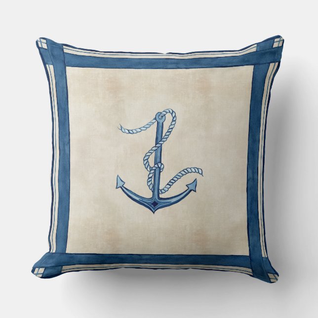 Indigo Ocean Beach Sketchbook Watercolor Anchor Cushion (Front)