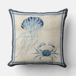Indigo Ocean Beach Sketchbook Watercolor Crab Cushion