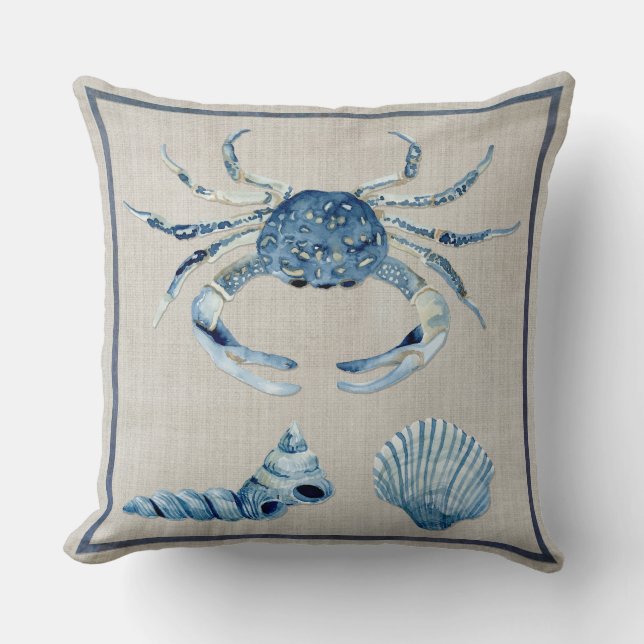 Indigo Ocean Blue Crab Turban Scallop Sea Shells Cushion (Front)
