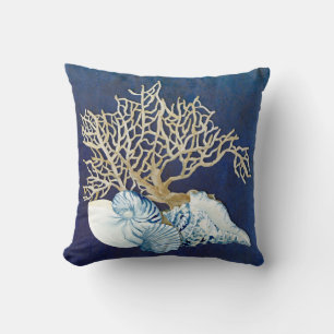Indigo Ocean Coral Seashells Nautical Beach House Cushion