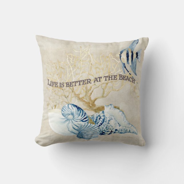 Indigo Ocean Life is Better at the Beach Shells Cushion (Front)