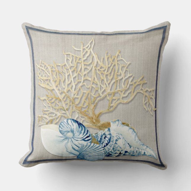Indigo Ocean Nautilus Conch Scallop Coral Shells Cushion (Front)