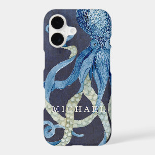 Indigo Ocean Octopus w Red Coral Watercolor Art