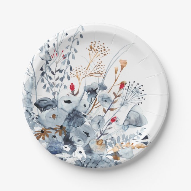 Indigo & Ochre - Watercolor Flowers Paper Plate (Front)