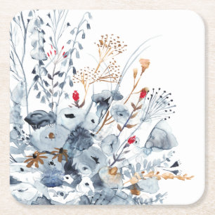 Indigo & Ochre - Watercolor Flowers Square Paper Coaster