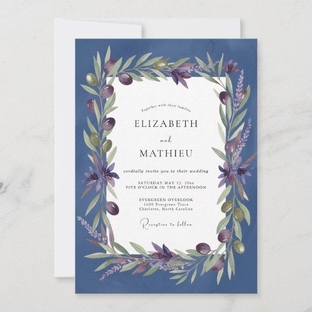 Indigo Olive Lavender Eucalyptus Wedding Invitation (Front)