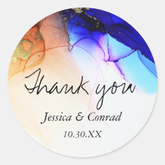 Indigo Orange Abstract Wedding Thank You Classic Round Sticker