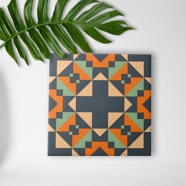 Indigo Orange Teal Beige Geometric Ethnic Tribal  Ceramic Tile (Creator Uploaded)
