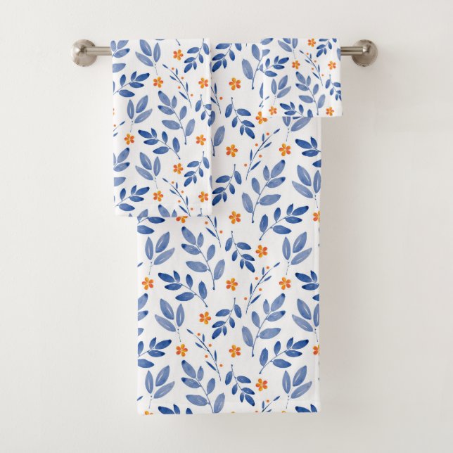 Indigo & Orange Watercolor Botanical Pattern  Bath Towel Set (Insitu)