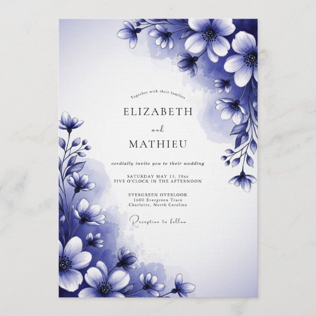 Indigo Painterly Bloom Wedding Invitation (Front)