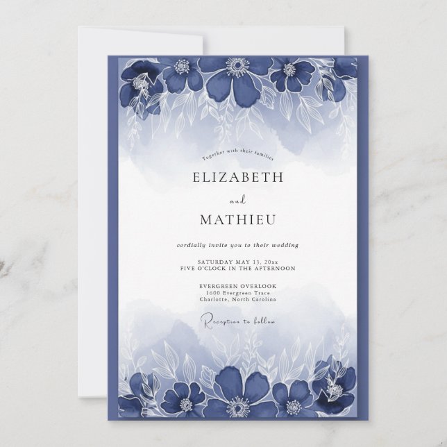 Indigo Painterly Flourish Wedding Invitation (Front)