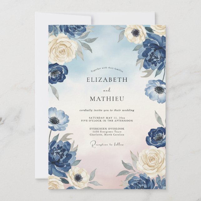 Indigo Pale Ivory Petal Wedding Invitation (Front)