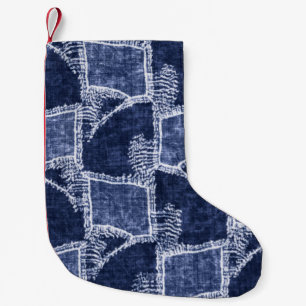 Indigo Patchwork: Textured Checked Elegance Small Christmas Stocking
