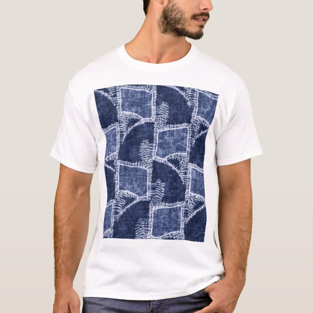 Indigo Patchwork: Textured Checked Elegance T-Shirt (Front)