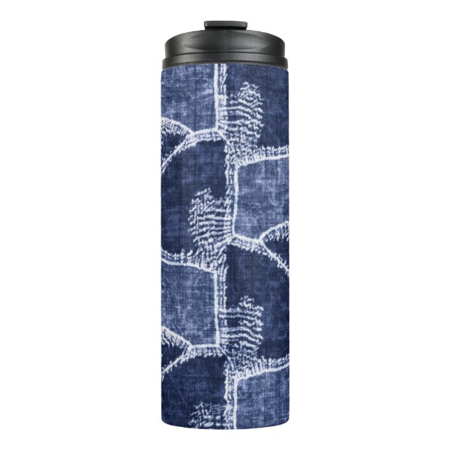 Indigo Patchwork: Textured Checked Elegance Thermal Tumbler (Front)
