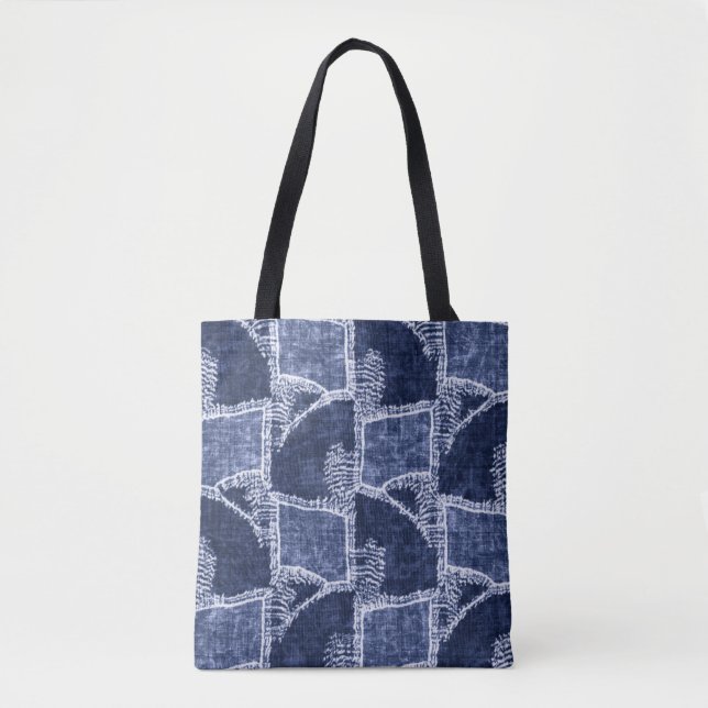Indigo Patchwork: Textured Checked Elegance Tote Bag (Front)