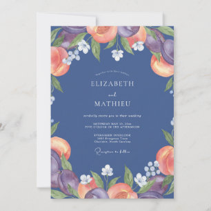 Indigo Peach Ranunculus Eucalyptus Wedding Invitation