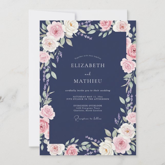 Indigo Pink Blossom Wedding Invitation (Front)