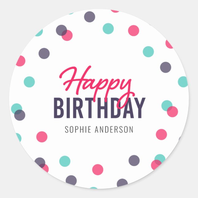 Indigo Pink Teal Confetti Happy Birthday Classic Round Sticker (Front)